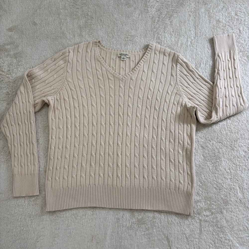 St Johns Bay Womens XL Ivory Cable Knit V Neck Cotton Blend Sweater Classic